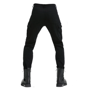 Detail view of black motorcycle cargo pants featuring rear pockets and tactical design