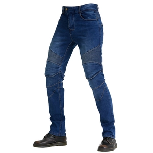 Men's motorcycle riding jeans in dark blue with accordion stretch panels for flexibility