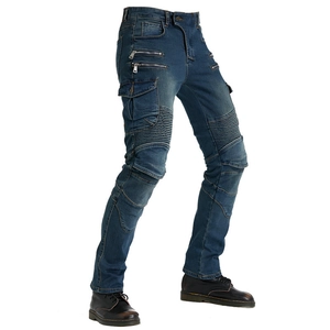 Men's motorcycle denim jeans in dark blue with armor padding and cargo pockets