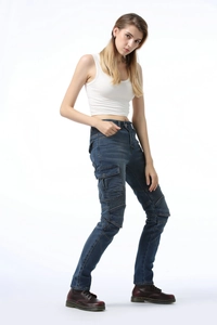 Women's blue motorcycle cargo jeans with protective padding and accordion panels