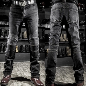 Black wash slim motorcycle jeans with reinforced knee protection and elastic fabric fit