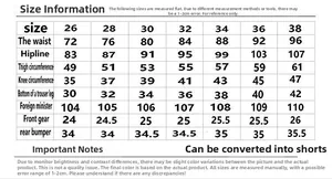 Detailed size information chart for Kevlar motorcycle riding pants from size 26 to 38