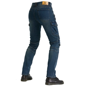 Men's dark blue motorcycle riding jeans with protective stretch panels and cargo pockets