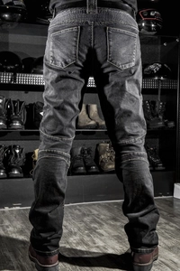 Men's protective motorcycle jeans in dark grey with elastic panels for riding comfort