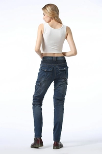 Slim fit dark blue motorcycle cargo jeans for women with multi-pockets and protective gear