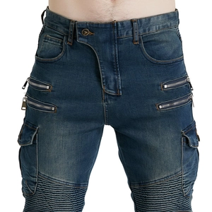 Men's dark blue biker cargo jeans featuring metal zippers and ribbed stretch panels