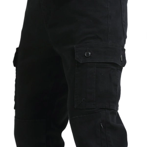 Black motorcycle cargo pants with reinforced side pockets and durable twill fabric details