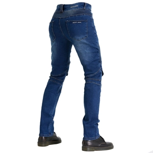 Detail of motorcycle riding jeans featuring back waist and knee elastic stretch panels