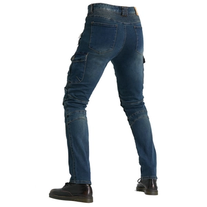 Navy blue motorcycle riding jeans with protective accordion panels and cargo pockets