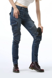 Women's dark blue motorcycle cargo jeans with knee armor and flexible stretch panels