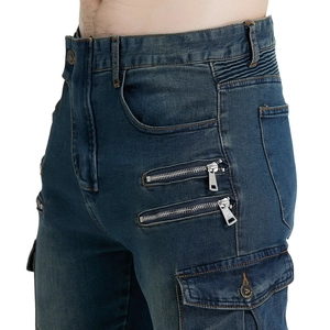Men's motorcycle cargo jeans in washed blue with side zipper pockets and bellows detail