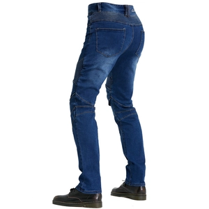 Deep blue motorcycle riding jeans with protective knee pleats and reinforced denim fabric