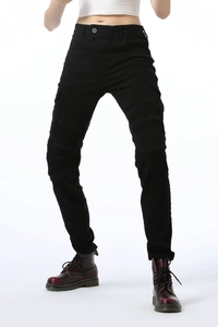 Detail of slim fit black motorcycle cargo pants with pleated knee panels and side pockets
