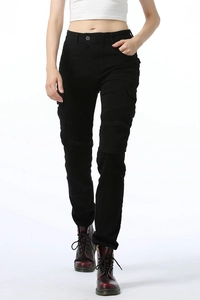 Detail of black motorcycle cargo pants showing ribbed knee panels and side pockets