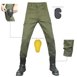 Army green motorcycle cargo pants showing detachable knee and hip protection pads