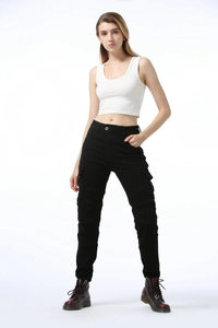 Women's black cargo motorcycle pants with knee pleats and tactical side pockets