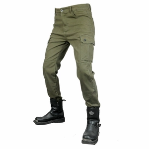 Detail of olive green motorcycle cargo pants with reinforced knee and large side pockets