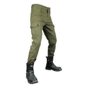 Detail of army green tactical motorcycle pants featuring cargo pockets and reinforced knees