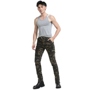 Men's camouflage motorcycle cargo pants with knee pleats and reinforced fabric details
