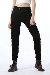 Slim fit black motorcycle cargo pants with knee pleats and large side flap pockets