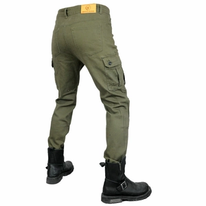 Detail of army green cargo motorcycle pants showing side pockets and moto jeans leather label