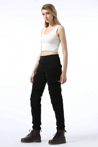 Detail of black women cargo motorcycle pants with side pockets and knee pleats