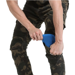 Men's camouflage motorcycle riding jeans with removable blue honeycomb knee protectors