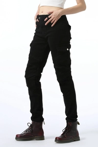 Women's black cargo motorcycle pants with pleated knee panels and utility side pockets
