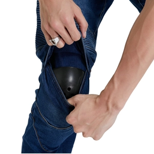 Men's blue motorcycle jeans with built-in knee protectors and stretch panels