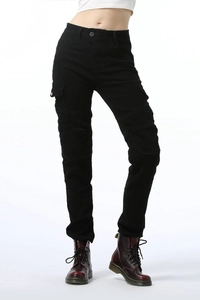 Detail of black cargo motorcycle pants showing slim fit, side pockets and knee protection