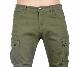 Detail view of army green cargo pants featuring side flap pockets and durable cotton fabric
