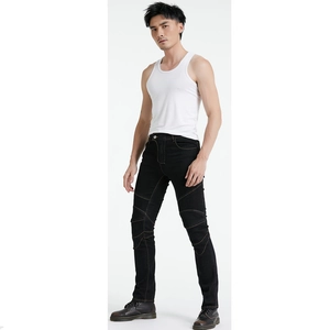 Detailed view of motorcycle jeans with accordion panels and stitching on the knees
