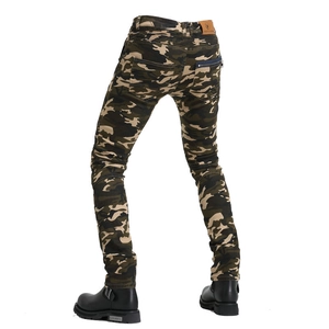 Detail of camo motorcycle jeans featuring accordion stretch panels and leather back patch