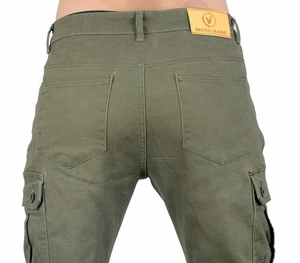 Detail view of military green motorcycle cargo pants with leather label and rear pockets
