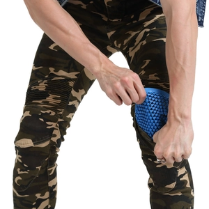 Men's camo motorcycle riding pants with reinforced knee armor pockets and flexible design