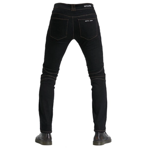 Rear view of black motorcycle jeans with stretch accordion panels and dual pockets