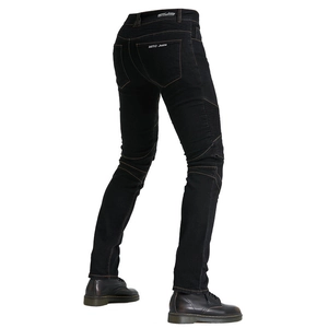 Rear view of black motorcycle jeans with elastic accordion panels on the back waist