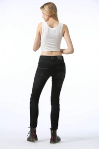 Women's slim fit motorcycle jeans with protective mesh panels shown from a back view