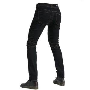 Detail of slim black motorcycle jeans with stretch accordion panels and Moto Girl logo