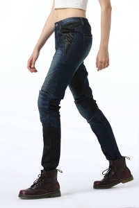 Detail of blue motorcycle jeans with mesh panels and accordion stretch for flexibility