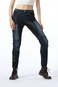 Women's motorcycle jeans with breathable mesh panels and flexible knee pleats