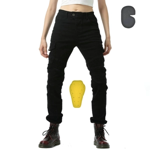 Detail view of black motorcycle cargo pants with knee pleats and yellow protective armor pads