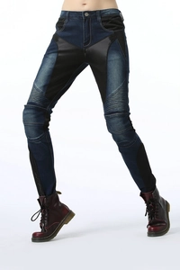 Slim fit mesh motorcycle jeans for women with protective knee panels and denim patchwork