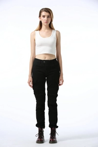 Women's black slim fit motorcycle cargo pants with multi-pocket and knee pleats