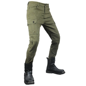 Army green cargo motorcycle pants with protective knee pads and tactical side pockets