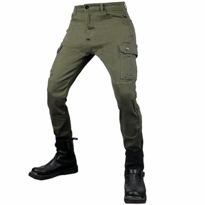 Army green motorcycle cargo pants with multi-pockets and slim fit tactical style
