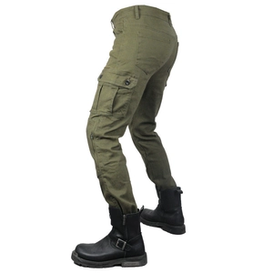 Olive green slim fit motorcycle cargo pants with side pockets and zipper details