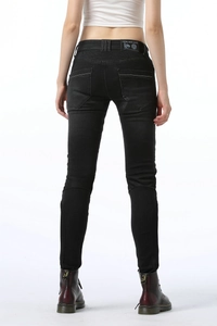 Women's black slim-fit motorcycle jeans with protective knee pads and mesh details