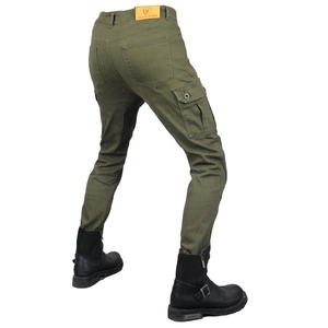 Deep olive green motorcycle cargo pants with moto jeans leather patch and side pockets