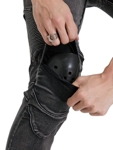 Men's retro motorcycle jeans with protective knee pads and stretch accordion panels